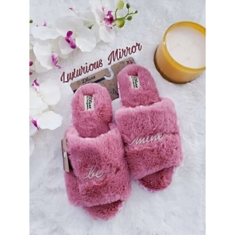 Dearfoams Dluxe Slippers Pink Be Mine Plush Shoes Comfort Faux Fur XL (11/12)